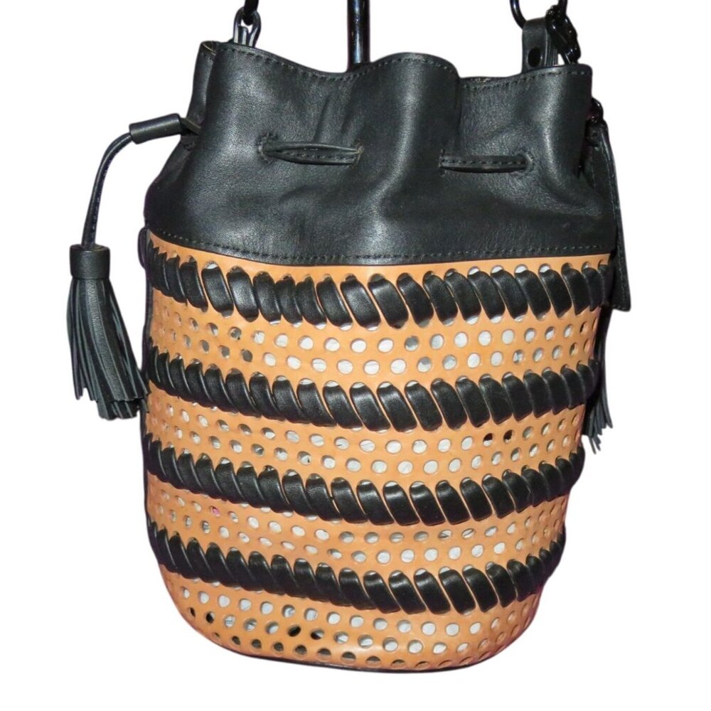 Loeffler Randall Sleek Black Buffalo & Italian Vachetta Leather Woven Bucket Bag